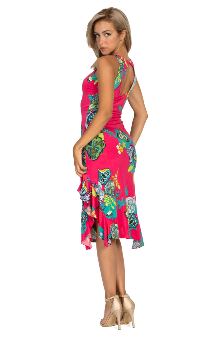 Fuchsia Vibrant Print Tango Dress With Side Ruffles