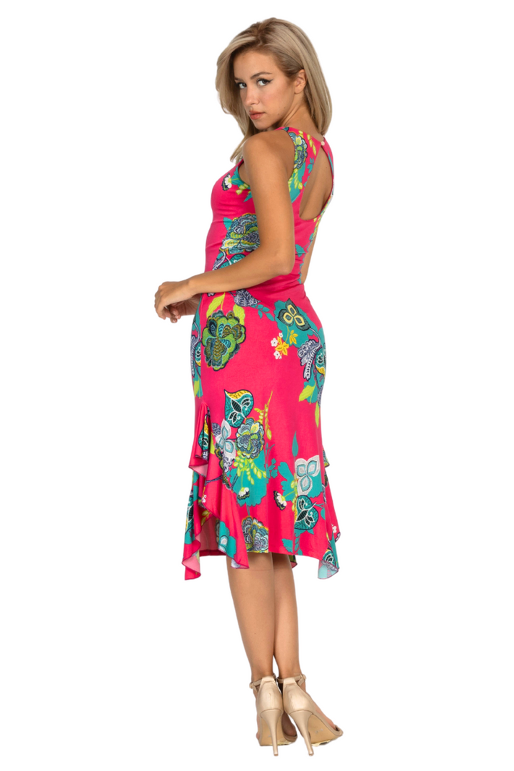 Fuchsia Vibrant Print Tango Dress With Side Ruffles
