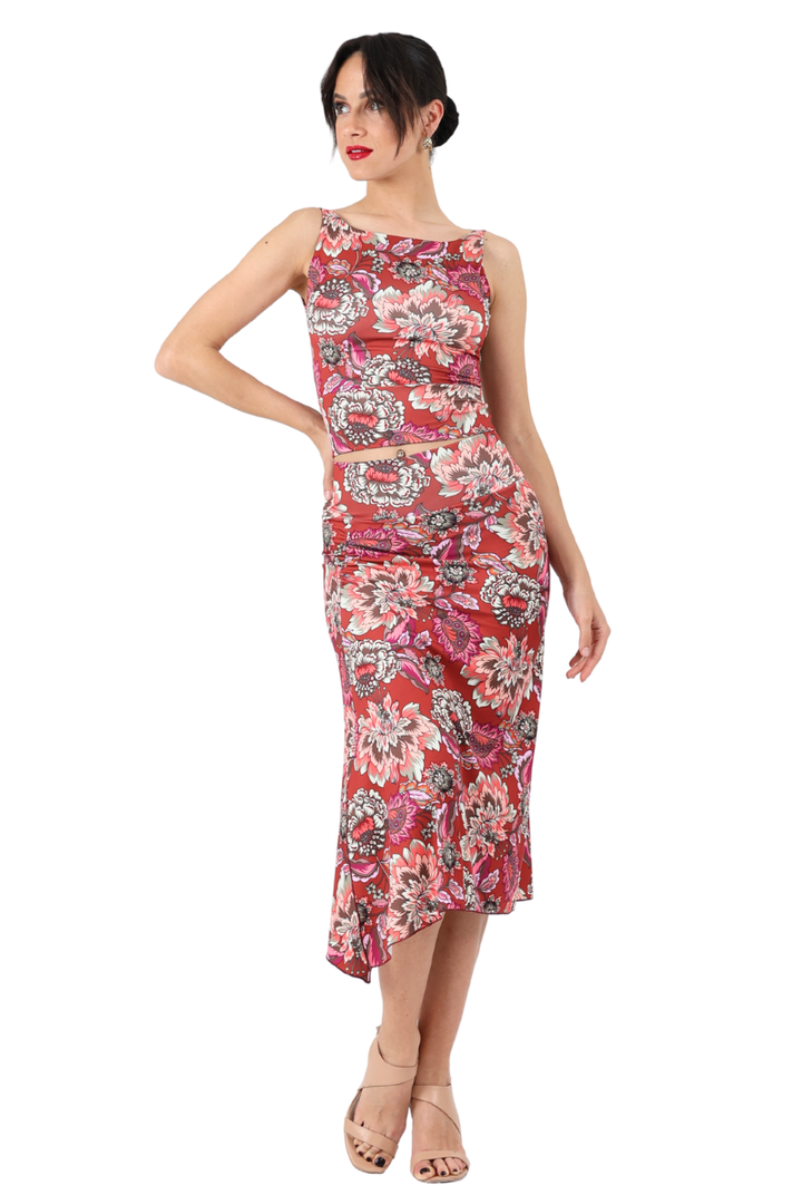 Garden Floral Print Gathered Tango Skirt with Slits