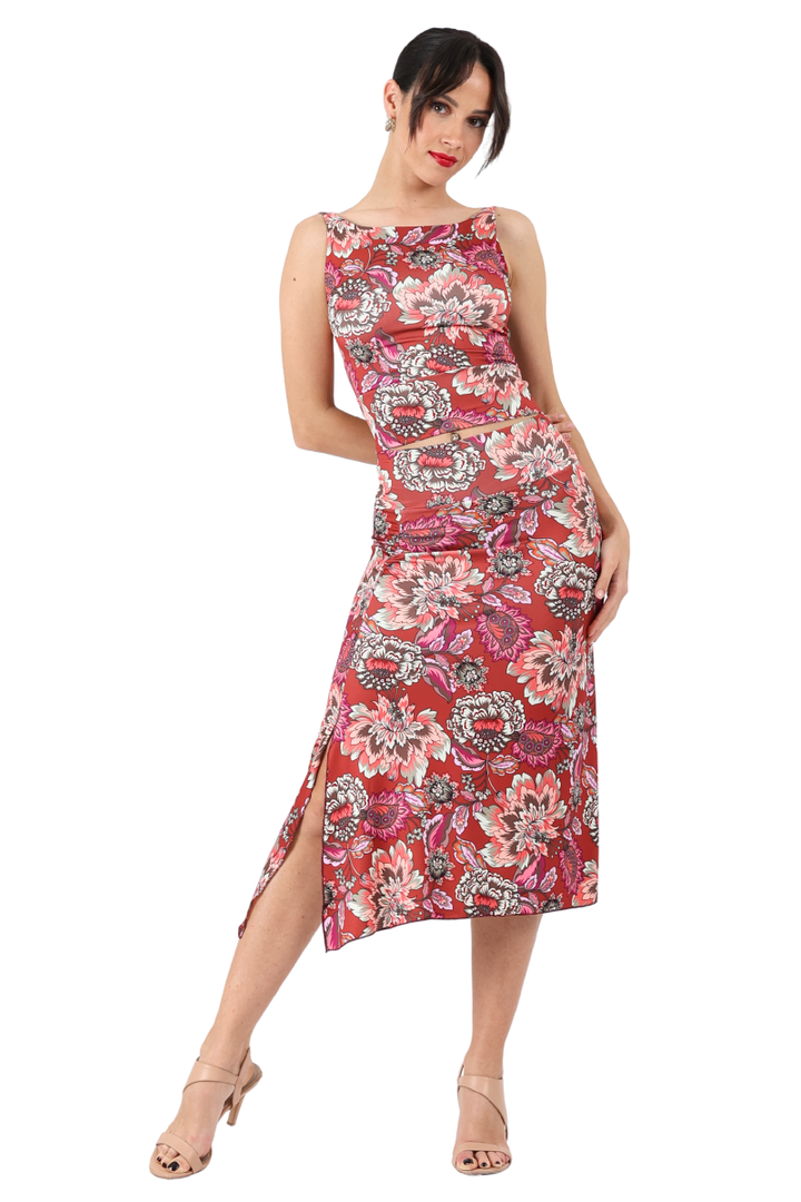 Garden Floral Print Gathered Tango Skirt with Slits