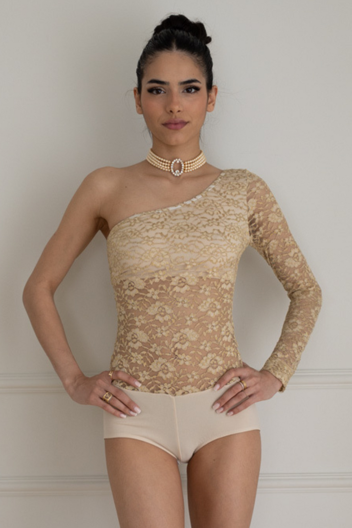 Gold One-Sleeve Lace Bodysuit