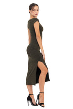 Load image into Gallery viewer, Gold Shinny V-neck Midi Dress With High Side Slit