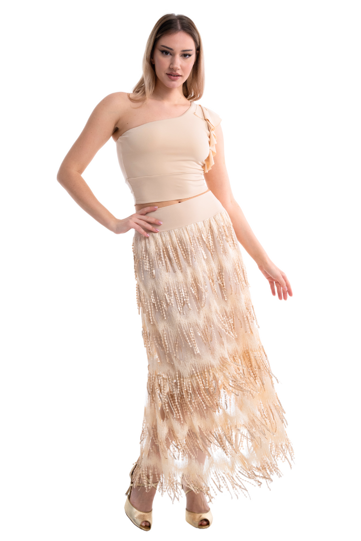 Golden Beige Sparkling Fringe Boho Maxi Skirt (S)