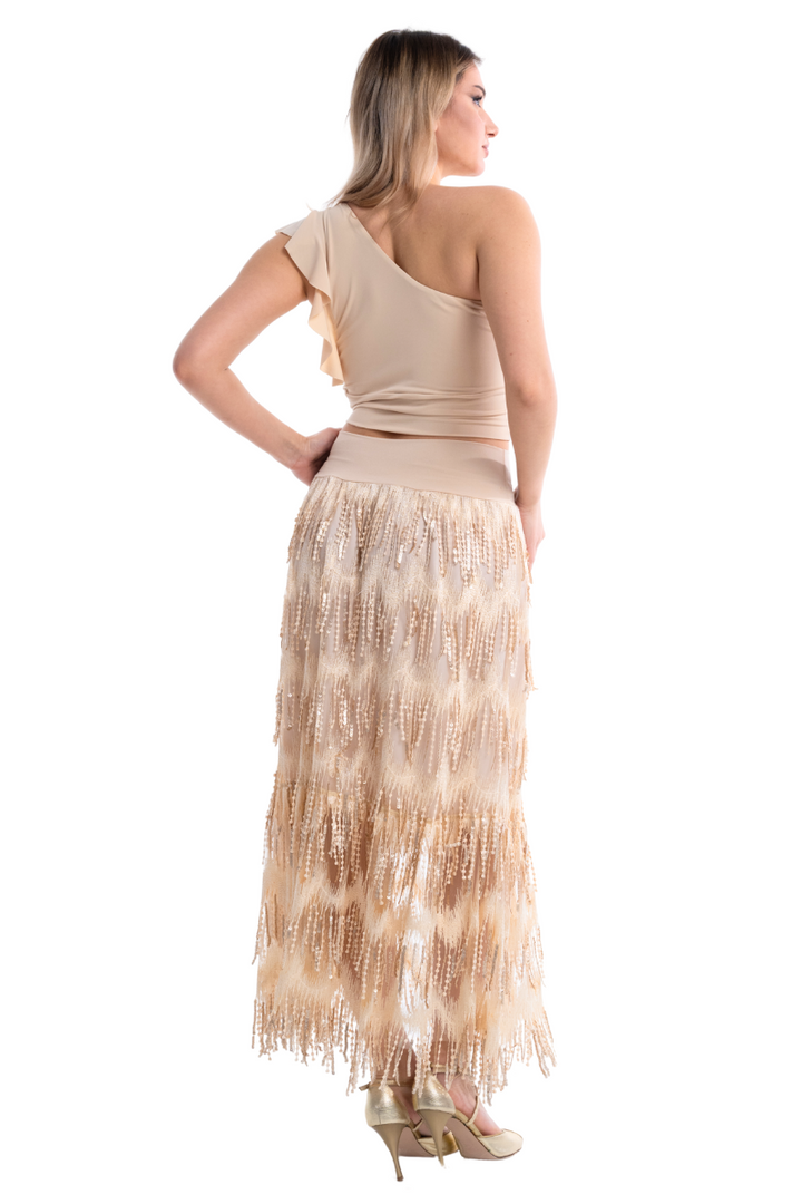 Golden Beige Sparkling Fringe Boho Maxi Skirt (S)
