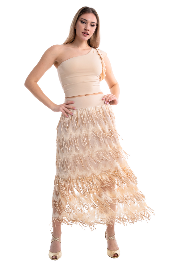 Golden Beige Sparkling Fringe Boho Maxi Skirt (S)