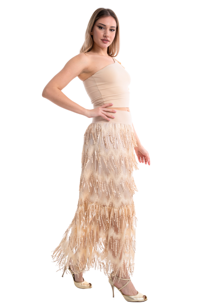 Golden Beige Sparkling Fringe Boho Maxi Skirt (S)
