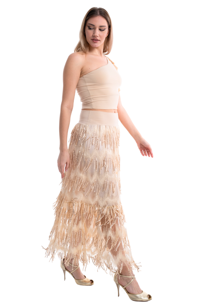 Golden Beige Sparkling Fringe Boho Maxi Skirt (S)