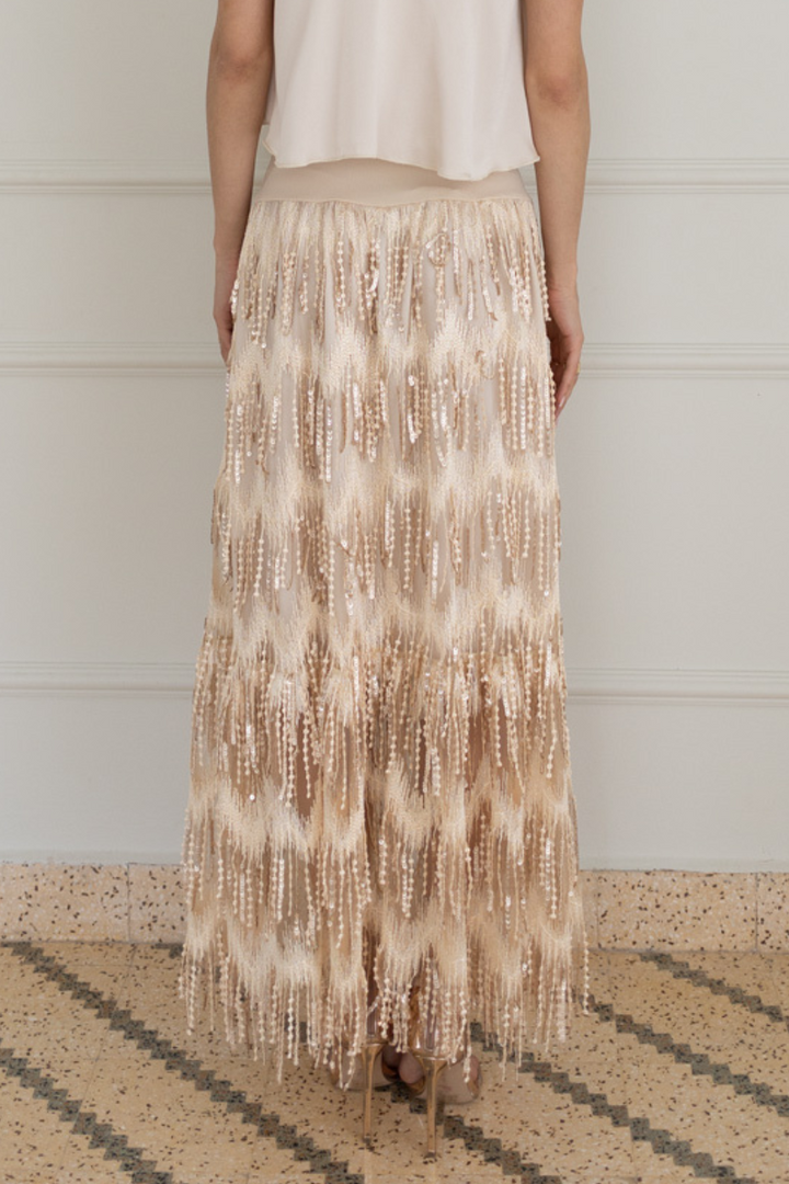 Golden Beige Sparkling Fringe Boho Maxi Skirt Tango Skirts conDiva