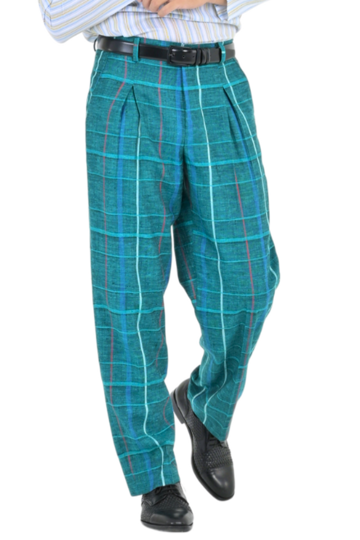 Green Checkered Pants With Front And Back Pleat