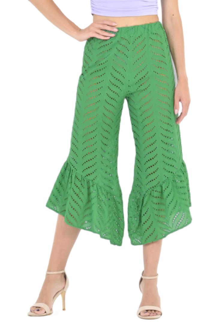 Green Eyelet Embroidery Capri Pants