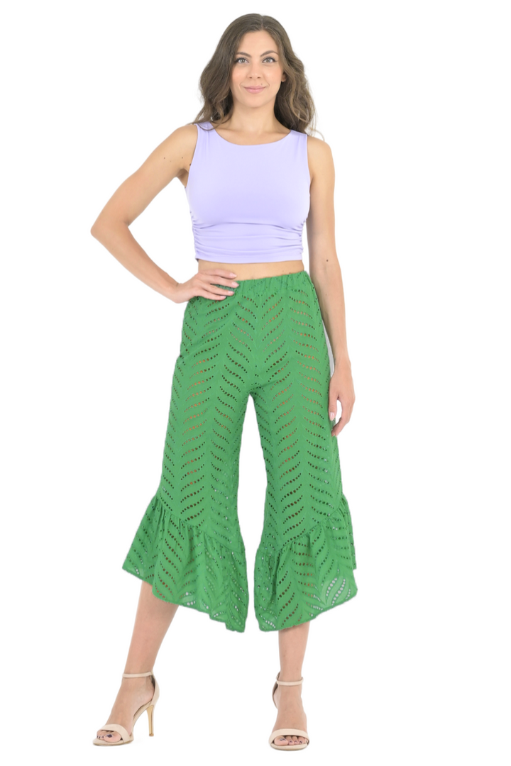 Green Eyelet Embroidery Capri Pants