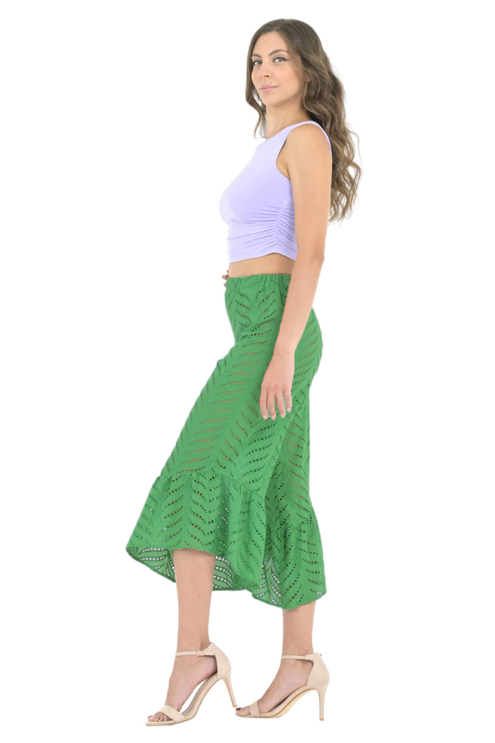 Green Eyelet Embroidery Capri Pants