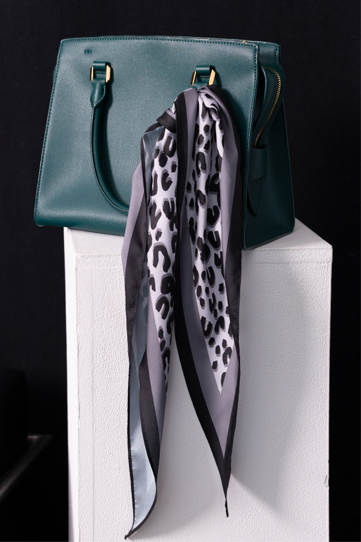 Grey Leopard Print Satin Diamond Scarf