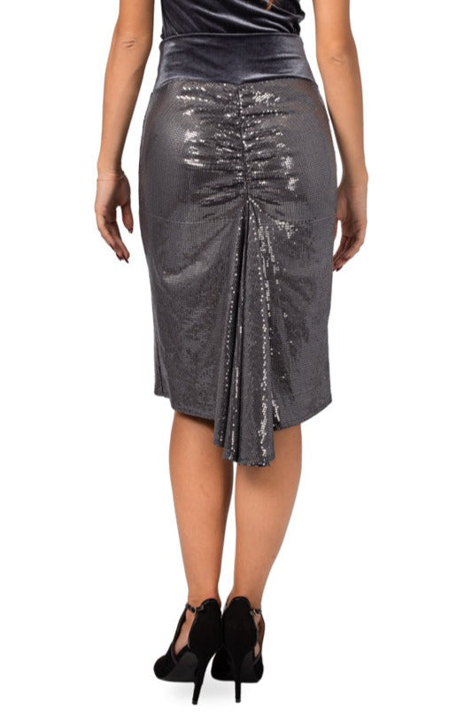 Grey Paillette Fishtail Skirt With Velvet Waistband