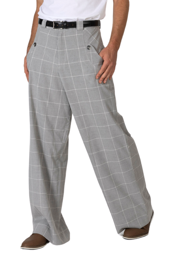 Grey Plaid Men's Tango Pants With Button Pocket Details