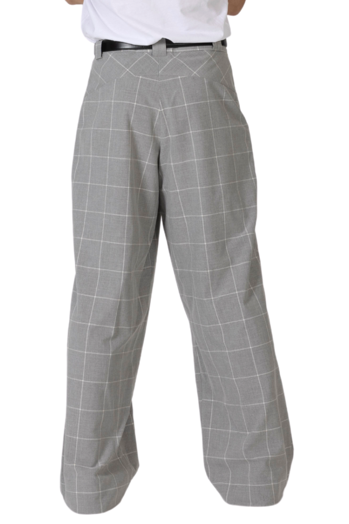 Grey Plaid Men's Tango Pants With Button Pocket Details