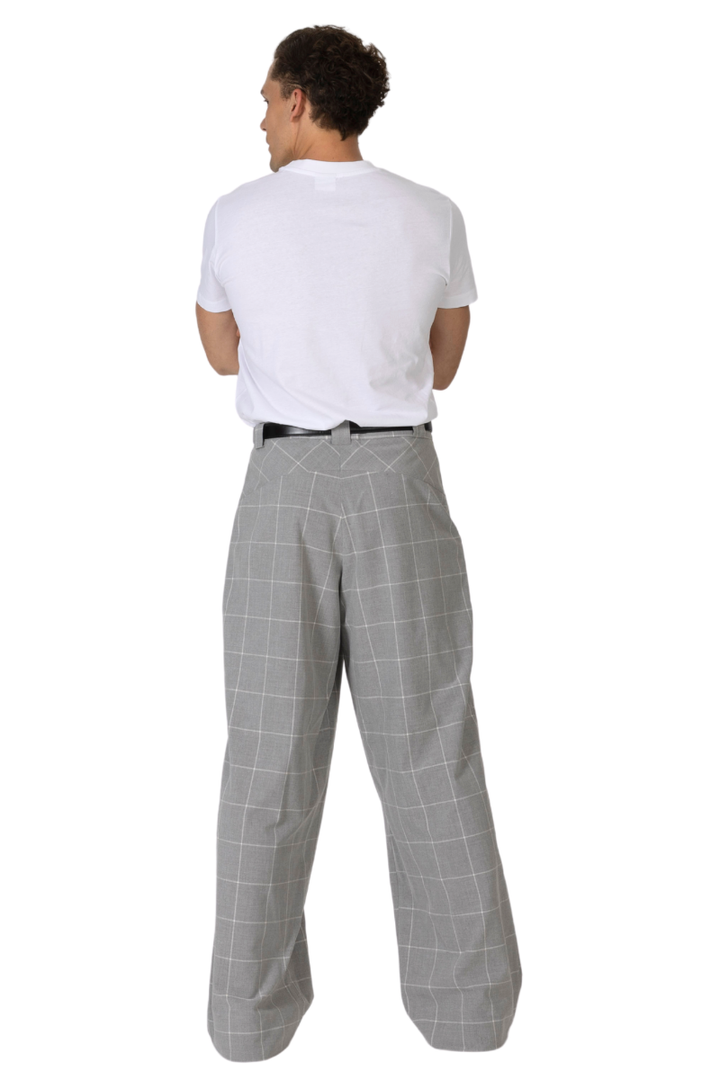 Grey Plaid Men's Tango Pants With Button Pocket Details