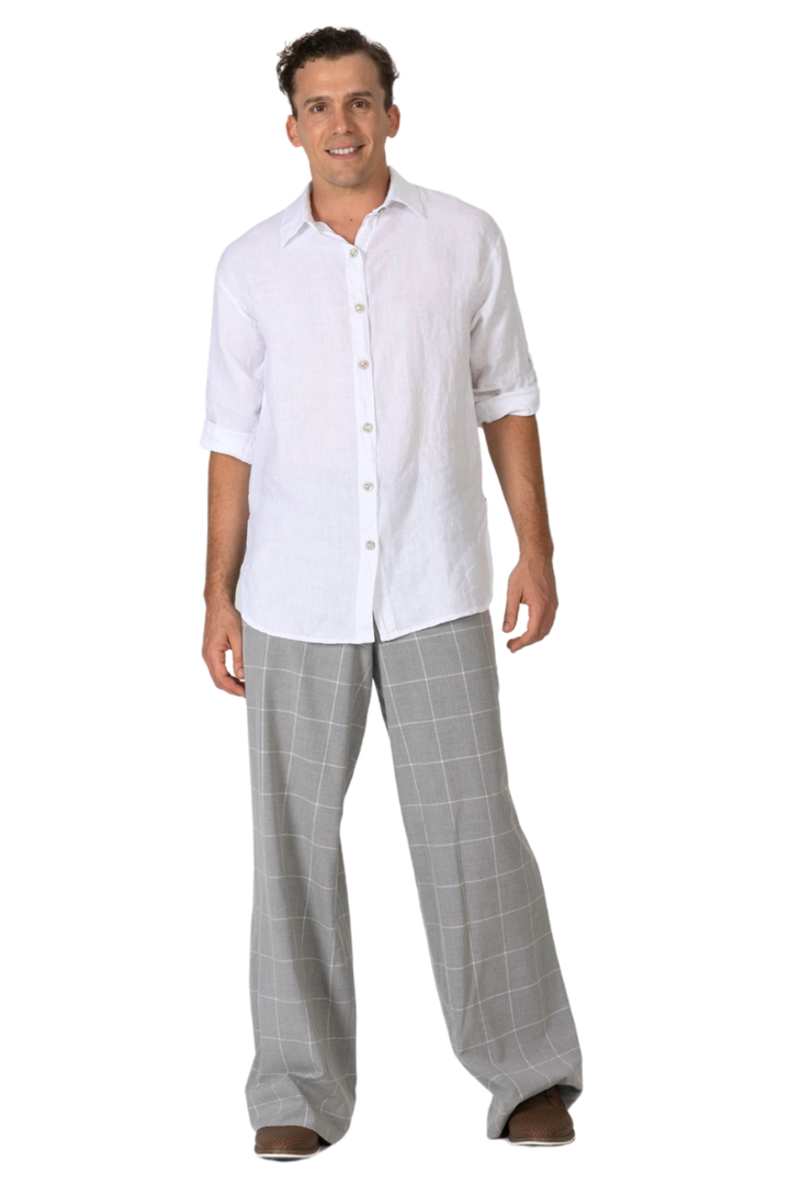 Grey Plaid Men's Tango Pants With Button Pocket Details