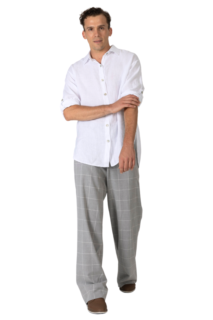 Grey Plaid Men's Tango Pants With Button Pocket Details