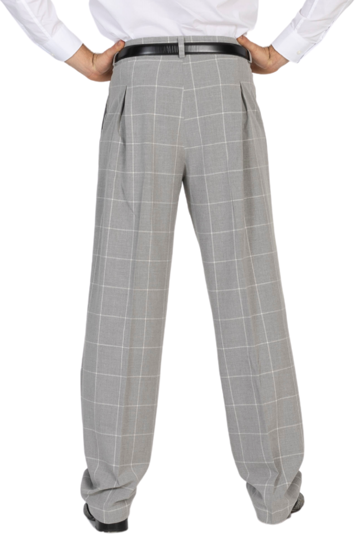 Grey Plaid Pants With Front And Back Pleat