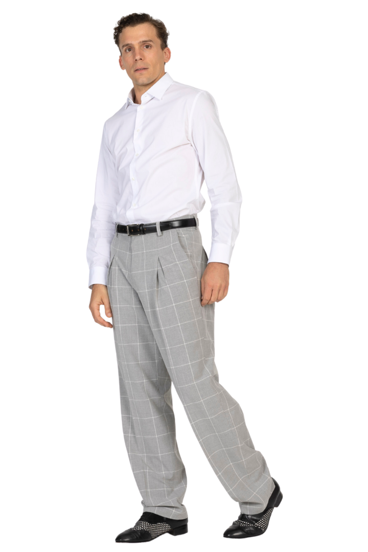 Grey Plaid Pants With Front And Back Pleat