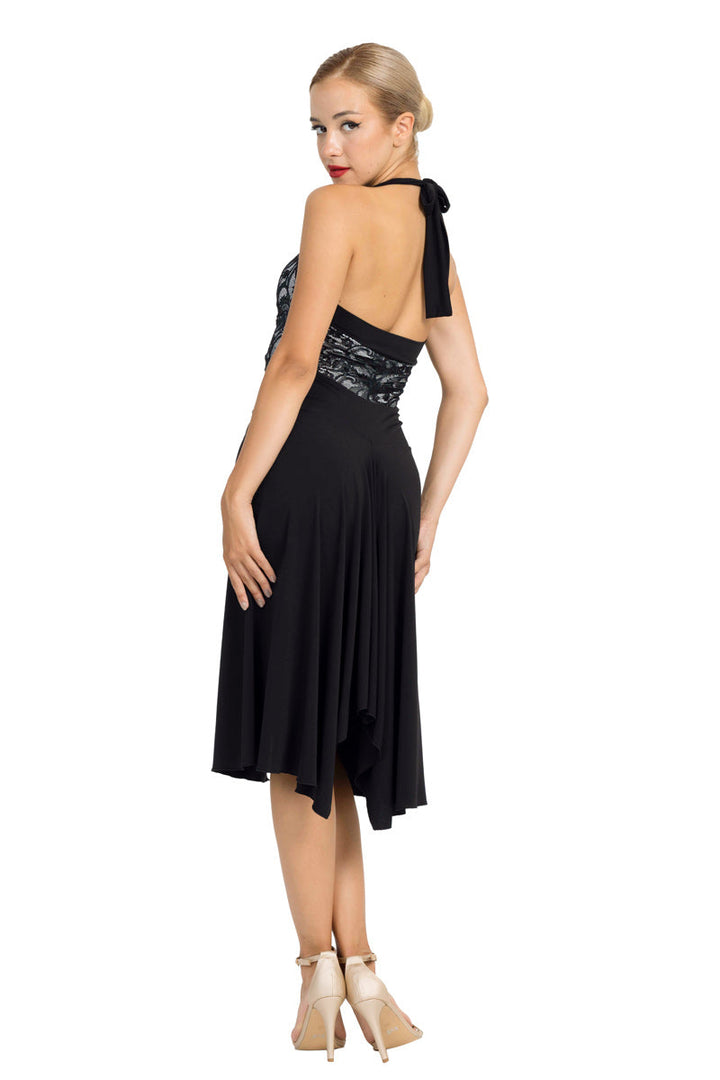 Black Halter-neck Tango Dress with Lace Bust (S)