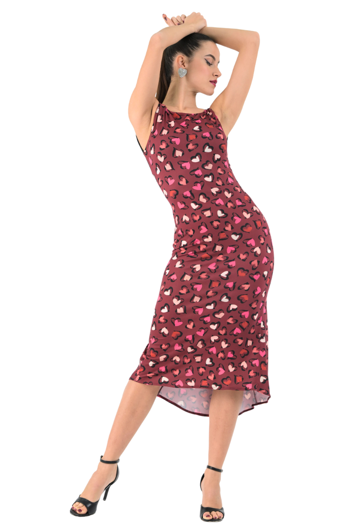 Heart Print Low Back Midi Fishtail Dress