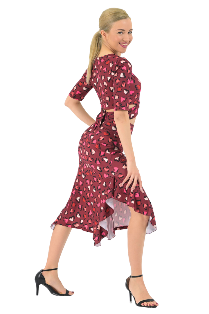 Heart Print Skirt With Side Ruffles