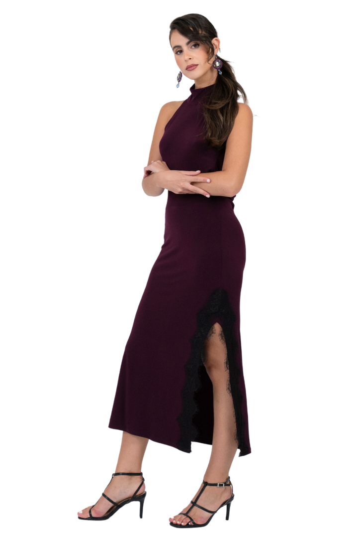 High Neck Open Back Tango Dress With Lace Trim