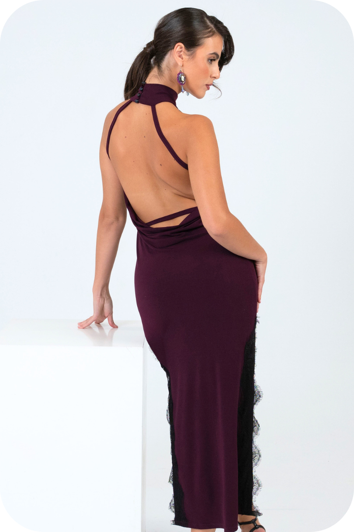 High Neck Open Back Tango Dress With Lace Trim