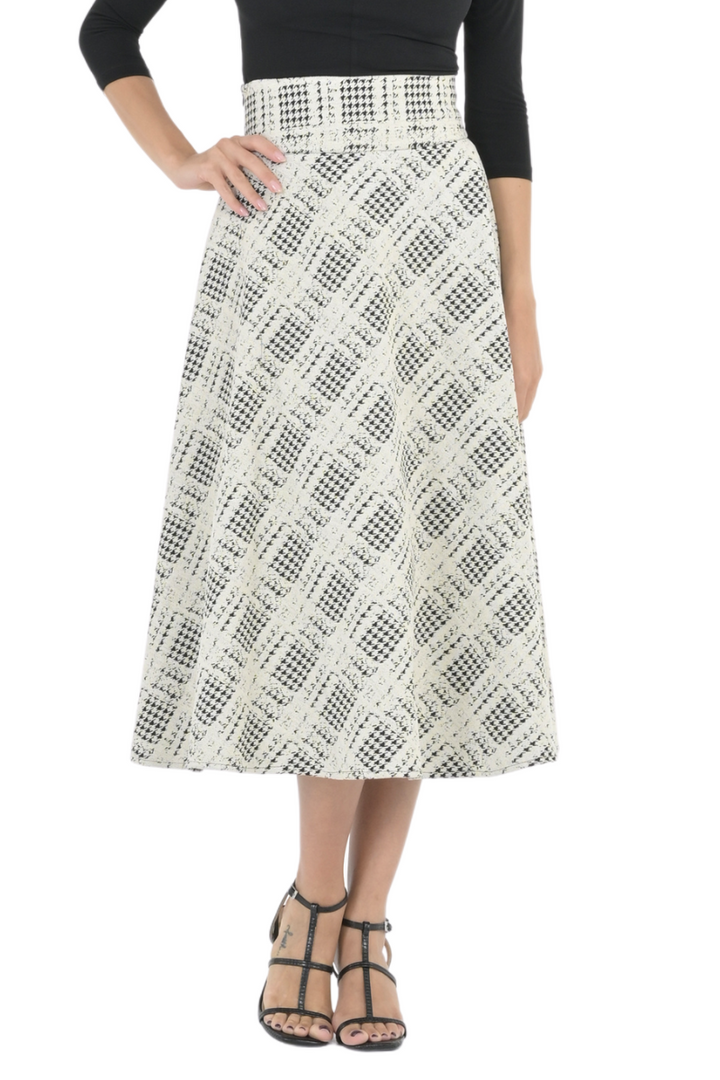 Houndstooth Plaid A-Line Midi Skirt