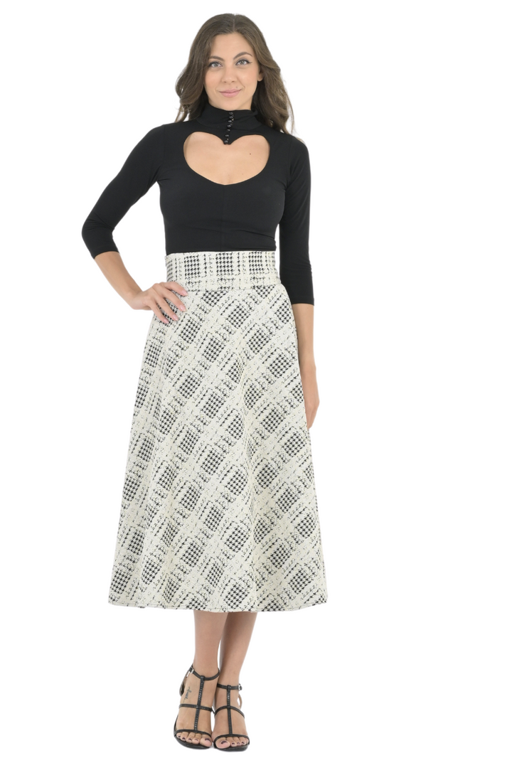 Houndstooth Plaid A-Line Midi Skirt