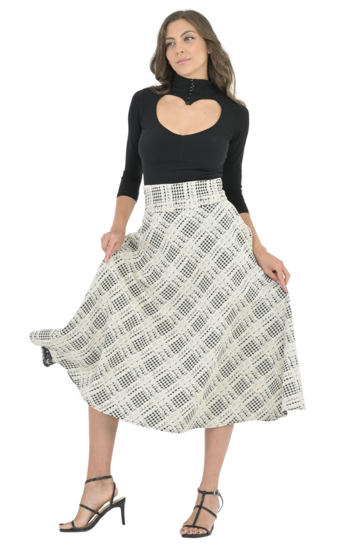 Houndstooth Plaid A-Line Midi Skirt