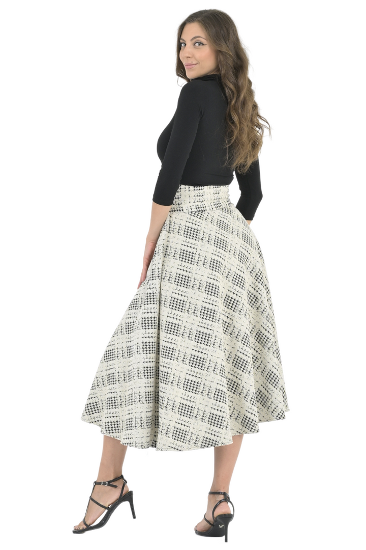 Houndstooth Plaid A-Line Midi Skirt