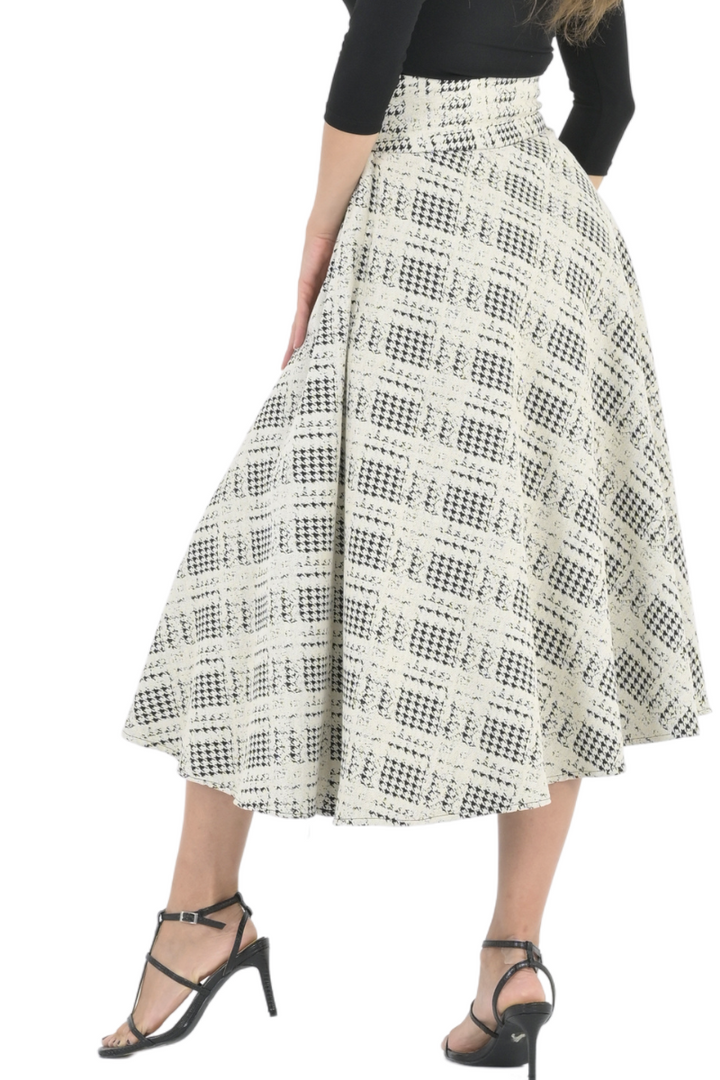 Houndstooth Plaid A-Line Midi Skirt