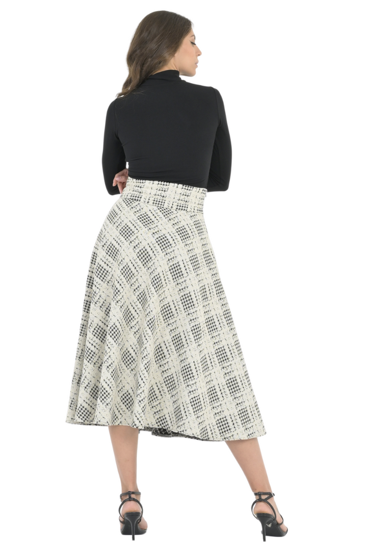 Houndstooth Plaid A-Line Midi Skirt