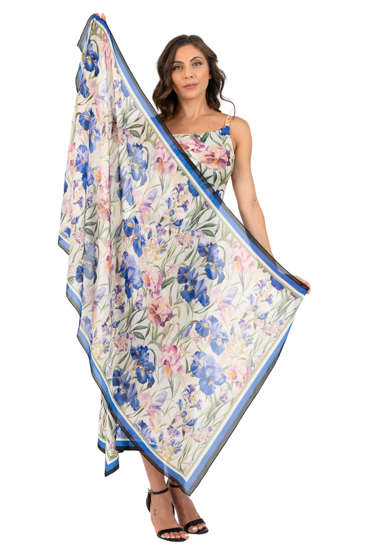 Iris Floral Print Muslin Scarf With Border