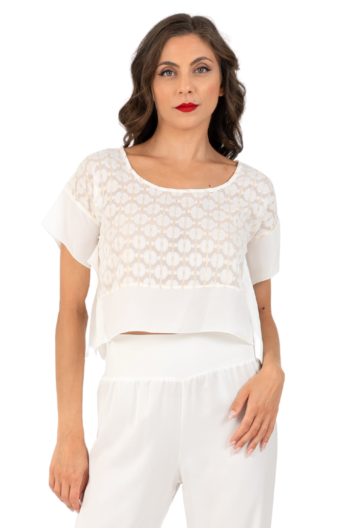 Ivory Embroidered Boxy Crop (S)