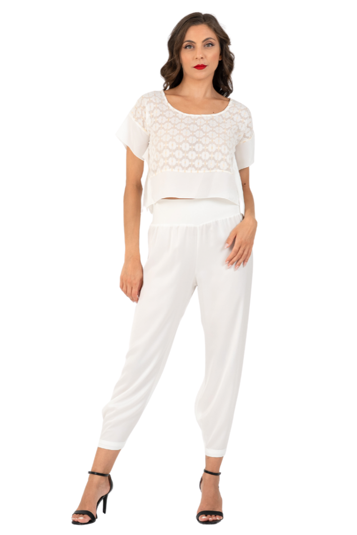 Ivory Embroidered Boxy Crop (S)