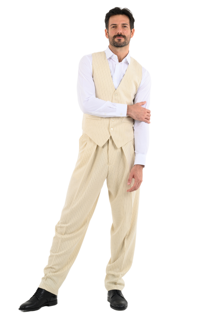 Beige Pinstriped Tango Pants With Two Inverted Pleats