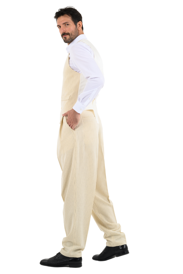 Beige Pinstriped Tango Pants With Two Inverted Pleats