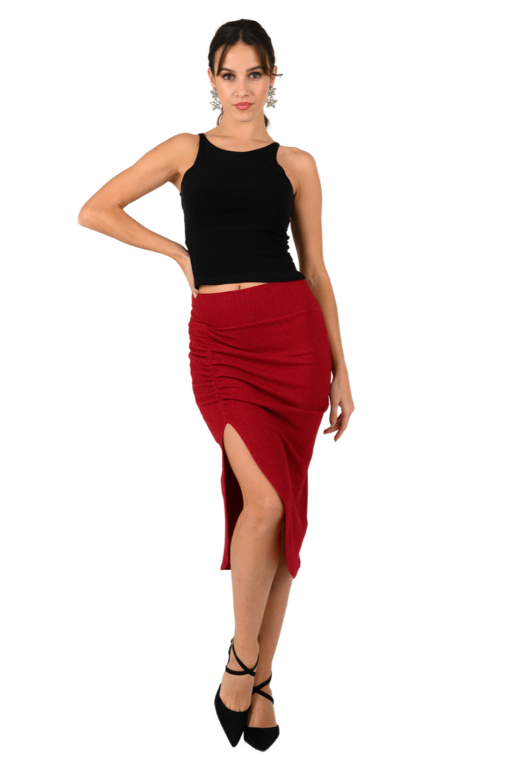 Red Shimmering Pencil Skirt With Gatherings