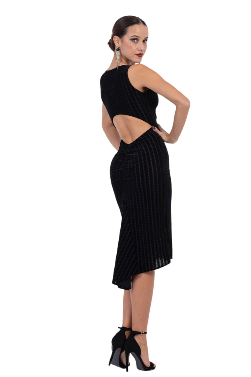 Velvet Open Back Tango Dress With Mesh Décolletage & Sleeves