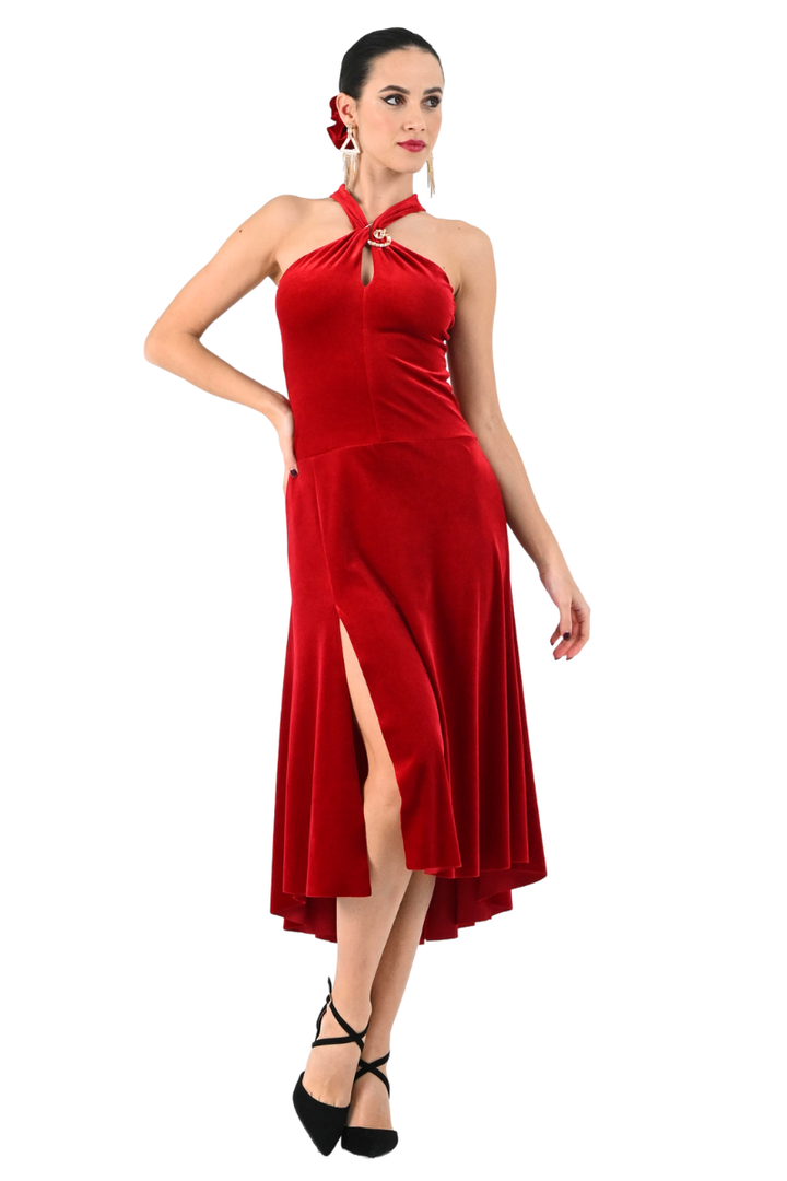 Keyhole Neckline Velvet Dress with Metallic Detail