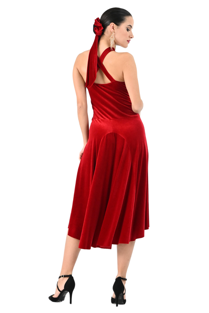 Keyhole Neckline Velvet Dress with Metallic Detail
