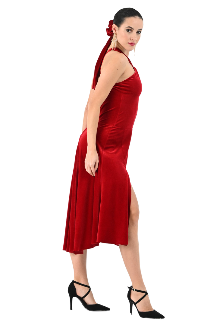 Keyhole Neckline Velvet Dress with Metallic Detail