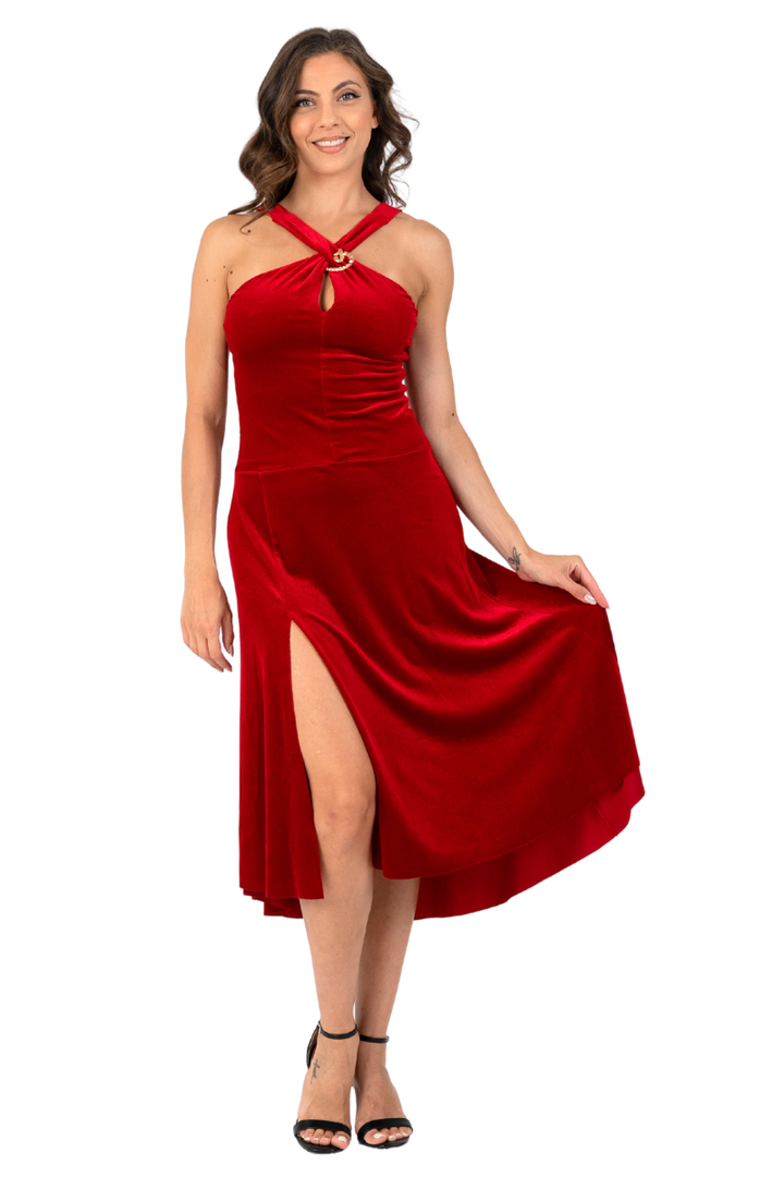 Keyhole Neckline Velvet Dress with Metallic Detail