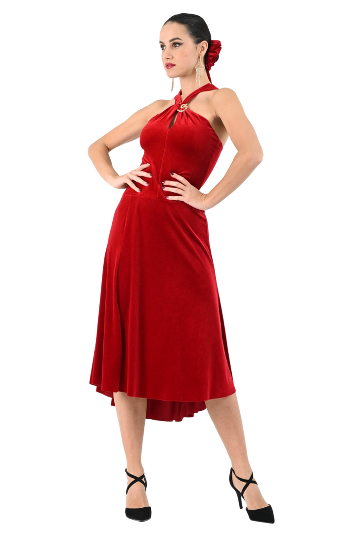 Keyhole Neckline Velvet Dress with Metallic Detail
