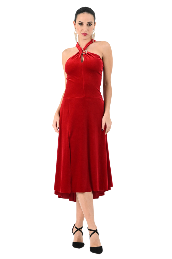 Keyhole Neckline Velvet Dress with Metallic Detail