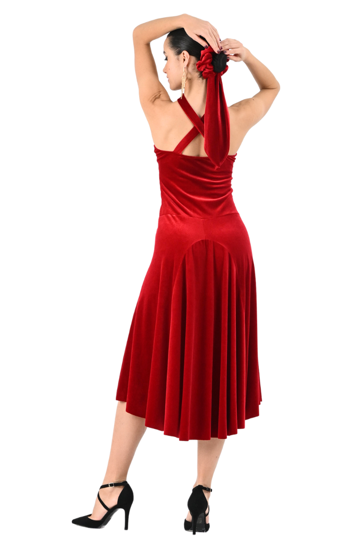 Keyhole Neckline Velvet Dress with Metallic Detail